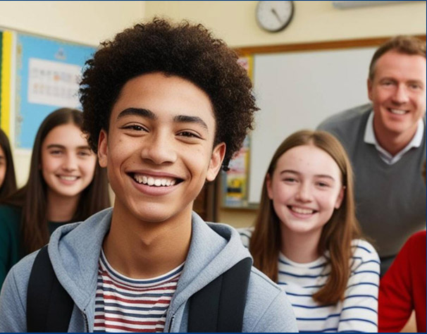 non-summer-schools A group of young people and teacher smiling into the camera