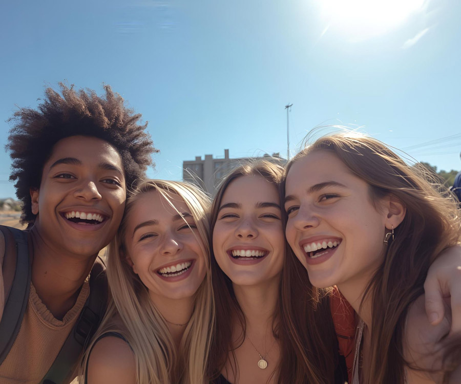 happiness-health Group of four young people smiling into the camera