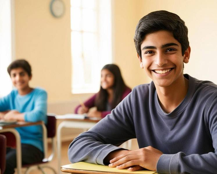 Omar smiling into the camera sitting in a classroom