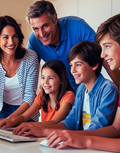 A family and student sitting looking at a computer screen