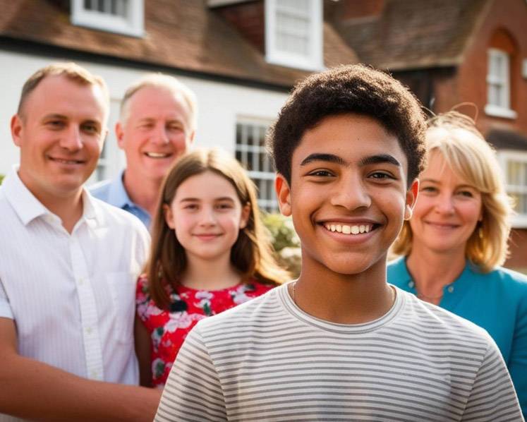 Alexandre standing in front of a host family smiling