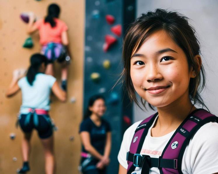 Amy posing in front of a climbing wall
