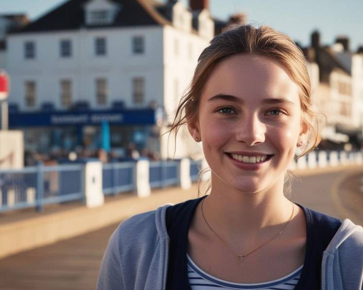 Frederica standing opposite buildings in Ramsgate